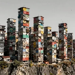 high towers made up of colourful brutalist makeshift squatter shacks, suspended over a cliff, mamiya, uniform plain sky, fine details, birds eye view, photographed by michael wolf