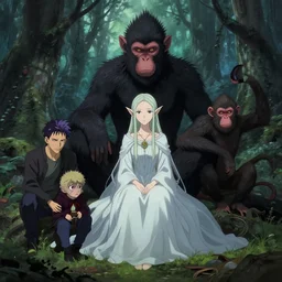 elven princess sitting with the monkey god in the melancholy forest. andreas achenbach, artgerm, mikko lagerstedt, zack snyder, tokujin yoshioka