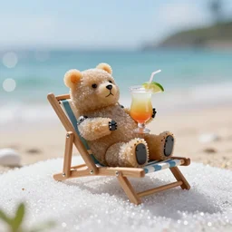 5 5 mm macro photo of an lifesize hybrid robot gummi bear reclining on a chaise, it's drinking a mai tai, on the gentle hill of white sugar. at the beach. dof. bokeh. by chris foss. sharp focus, highly detailed 8 k. intricate. lifelike. soft light. cinematic lighting.