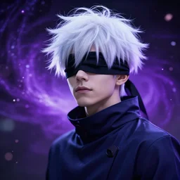 gojo satoru, tom holland as gojo satoru cosplay photo, cinematic lighting, ray tracing, octane render, post processing, shallow depth of field, bokeh, particle effects, 8 k, hyper detailed, purple void supernovae, white hair, blindfold