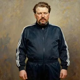 ww 2 painting of joseph stalin wearing an adidas jumpsuit with 3 stripes