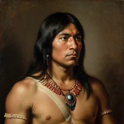 portrait of a native brazilian ancient warrior, tribal, painting by titian, by caravaggio, by jan van eyck, detailed, high quality