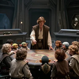 Anakin Skywalker having a game night with the younglings in the temple at night, cinematic, realistic