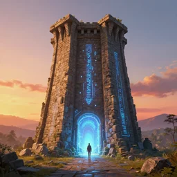 A landscape with a giant stone brick tower with pillars on top at sunset, magical portal, cyberpunk, glowing runes, technology, Low level, rendered by Beeple, Makoto Shinkai, syd meade, simon stålenhag, environment concept, synthwave style, digital art, unreal engine, WLOP, trending on artstation, 4K UHD image, octane render,