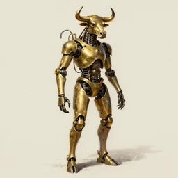 distant full - body drawing of a brass mechanical body and bull head, concept art by ian miller, artstation, sots art, steampunk, concept art, da vinci, greg rutkowski