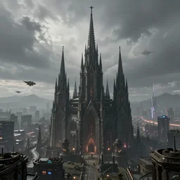 octane render of a gothic city with an overcast sky, tall spires, steampunk, cyberpunk, high - definition, trending on artstation, alienating, imposing, imperious, malevolent, moody, landscape, distant, vast, cityscape, skyline, neon, glowing, flying vehicles, long shot, timelapse