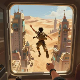 First person POV of a character jumping through the window of a tall building in a bustling steampunk city built in the desert, game concept art, artstation, digital painting