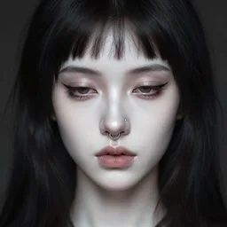 fantasy portrait of a beautiful pale - skinned girl with dark hair and short bangs. the corners of the eyes are turned down. there is a puncture in the nose and a ring is inserted. brown eyes, long eyelashes, plump lips by francisco goya