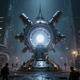 teleportation machine in a dystopian world, with people using it to escape the city, the machine is a large metal contraption with a bright light in the center