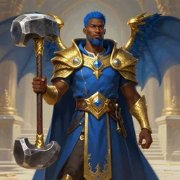Picture of a male Cleric, black skin, blue short hair, short beard, dragon-inspired cloth robes, gold and blue, ornamental, hammer, wings, background depicting a temple, fantasy, dnd, d&d, illustration, digital painting, artstation