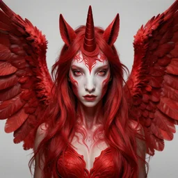 woman - unicorn hybrid red angel - wings, stunning, realistic, symmetric portrait, face, intricate, very detailed, fantasy digital art, trending in artstation, marc simonetti