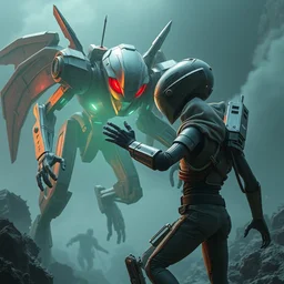 a battle robot protecting a human from a alien