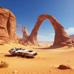 desert landscape with arch formations and a wrecked spaceship, vibrant, sci - fi concept art, in the style of no man's sky