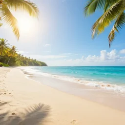 very relaxing wide shot of morning sunshine at tropical magical beach, realistic render, vivid colors