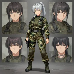 girl, silver hair (ponytail), (winking), multicam (camo), trending on artstation, detailed, cinematic full body shot, ilustration by (Takehiko Inoue) (((and Yoann Lossel))) (((and Yoji Shinkawa)))