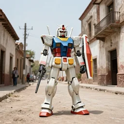 A gundam standing in the street of an old dusty Mexican town