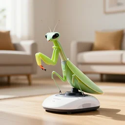 promotional photo from sony of a pet robot shaped like a praying - mantis, in a sunny living - room.