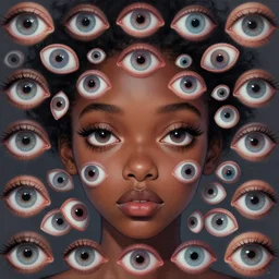 eyes!! a black girl with many eyes!, surreal art by colin christian and junji ito and jorge dos diablos, trypophobia! eyes, symmetry, eyes everywhere, symmetry!