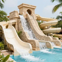 ancient mayan waterpark full of carved water slides
