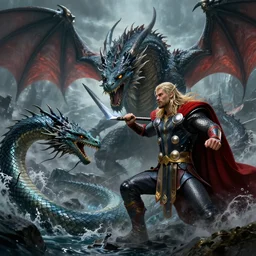 thor god of thunder slaying sea serpent chaos dragon jormungandr, during battle of ragnarok, detailed artwork