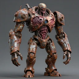 technobiological rusty giant humanoid robot, consisting of ripped flesh and iron and veins and entrails. biopunk, bodyhorror, very rust, high detail, photorealism, full length view, octane render, cgsociety