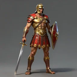 artstation concept art full body portrait of a roman soldier themed muscular superhero in battle, sword and shield, realistic sculpture render, detailed, photorealistic painting, red and gold design, greg rutkowski and ruan jia, octane render,