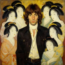 A beautiful painting of jim morrison surrounded by japanise women. Painting by Nikolai Rerikh, Trending on artstation