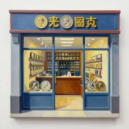 modern coin shop. intricately detailed acrylic painting