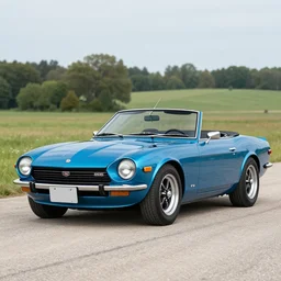 a photorealistic image of a blue 1970 Datsun roadster