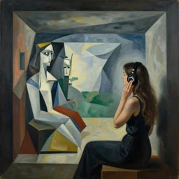 the woman listened to the music of silence penetrating the hidden space, abstract surrealistic art in the style of cubism and georgia o keefe