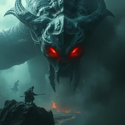 a lovecraftian monster descending upon the island of souls, intense fiery eyes, melancholic, dramatic lighting, cinematic, ultra detail, masterpiece by craig mullins, ruan jia, beksinski, caravaggio, jakub rebelka, android jones