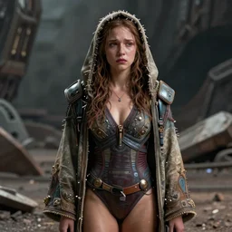 detailed ultrarealistic 4 k photography front medium shot of sadie sink, swimsuit, postapocalyptic, monolian robe, fantasy, starwars, artstation cinematic, vray