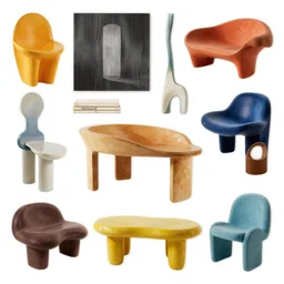 furniture collection with organic shapes, design sheet, art deco, vivid colors, Les Edwards, Zdzislaw Beksinski, Carl Gustav Carus, John Harris, Michal Karcz, Zhang Kechun, Mikko Lagerstedt, Scott Listfield, Steven Outram, Jessica Rossier.