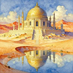 a beautiful intricate watercolor painting of a necropolis, dune, frank herbert, reflections, very high details by william turner art, greg rutkowski and alphonse mucha, trending on artstation, very very detailed, masterpiece, vibrant colors
