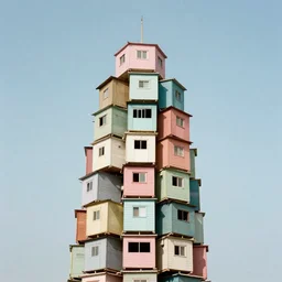 a tower made up of makeshift squatter shacks with pastel colours, vibrant, mamiya, 8 5 mm, f 1. 7, uniform plain sky, fine details, photographed by salvador dali and ansel adams
