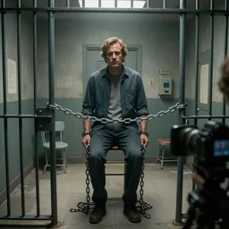 Saul Goodman chained in an asylum room, claustrophobic, camera recording