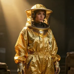 futuristic female beekeeper, wearing silky, nanotech, honeycomb robe, dramatic lighting, golden colors, medium shot, light shaft, artstation, greg rutkowski
