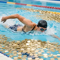 a professional swimmer swimming in a pool filled with only gold coins, realistic, 4 k, photograph