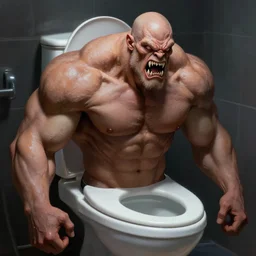 muscular toilet  monster with sharp teeth,  digital artstation painting 8k intricate dramatic light