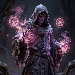 a necromancer pulsing with necrotic energy, art by cedric peyravernay, power auras, sigils, tattered cloth robes, substance 3 d painter, pbr textures, physical based rendering, cinematic, hyper realism, high detail, octane render, unreal engine, 8 k, smooth gradients, high contrast, depth of field, aperture f 2. 8