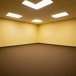 an empty office with no windows or doors, brown damp carpet yellow walls, and florescent lighting