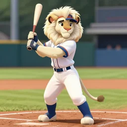 beautiful portrait of a female anthropomorphic albino lioness fursona baseball player at a baseball field. character design by disney, charlie bowater, ross tran, artgerm, and makoto shinkai, detailed, soft lighting, rendered in octane