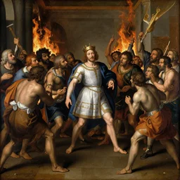 rennaisance painting of a king being dethroned by an angry mob, room is burning