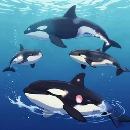 a pod of robot orcas swimming after a seal, anime style