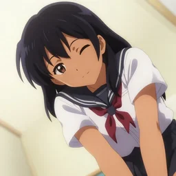 tan skin, anime cell shaded, anime tanned girl wearing school outfit looking down towards camera, winking at camera from the top, looking towards the camera, low angle, low angle, low viewpoint, low angle, bottom upwards view