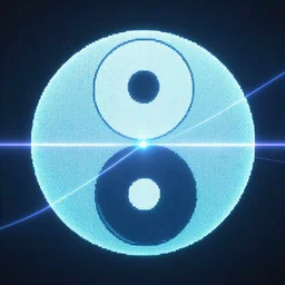 digital holographic pixelated ying yang symbol of taoism, lasers, light streaks