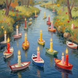 candles in many colors on toy boats floating down a river, evocative, detailed, award winning, trending on artstatioon artwork by Thomas Kinkade,