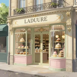 cake and sweet shop, paris laduree, natural lighting, wide angle, soft pastel color scheme, intricate details, matte painting, illustration, by greg rutkowski and hayao miyazaki