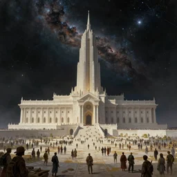 pilgrims to the temple of the half infinite in proxima centauri, fantasy art, space, dark sky, nebula and stars, big building, thousands of people, john harris, moebius, craig mullins