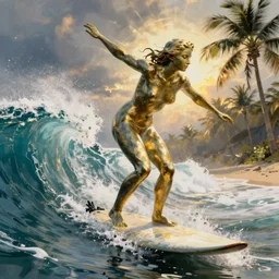a Rodin sculpture of a woman surfing a wave near palm tree beach